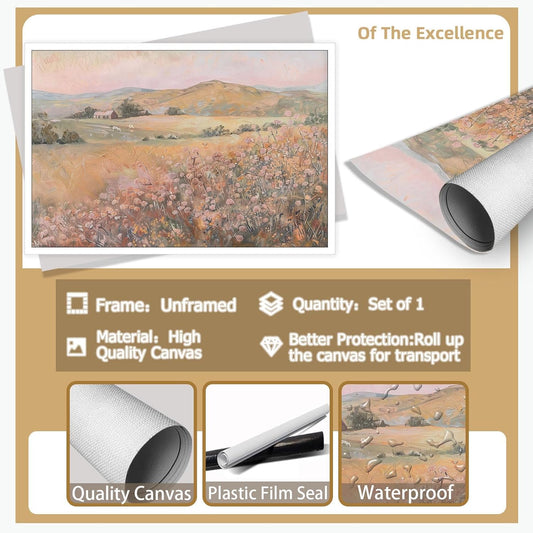 Vintage Pastel Wildflower Landscape Posters Retro Peach Pink Flower Mountain Canvas Wall Art Rustic Style Natural Scenery Prints Painting For Home Bedroom Dorm Wall Decor 12x16in Unframed