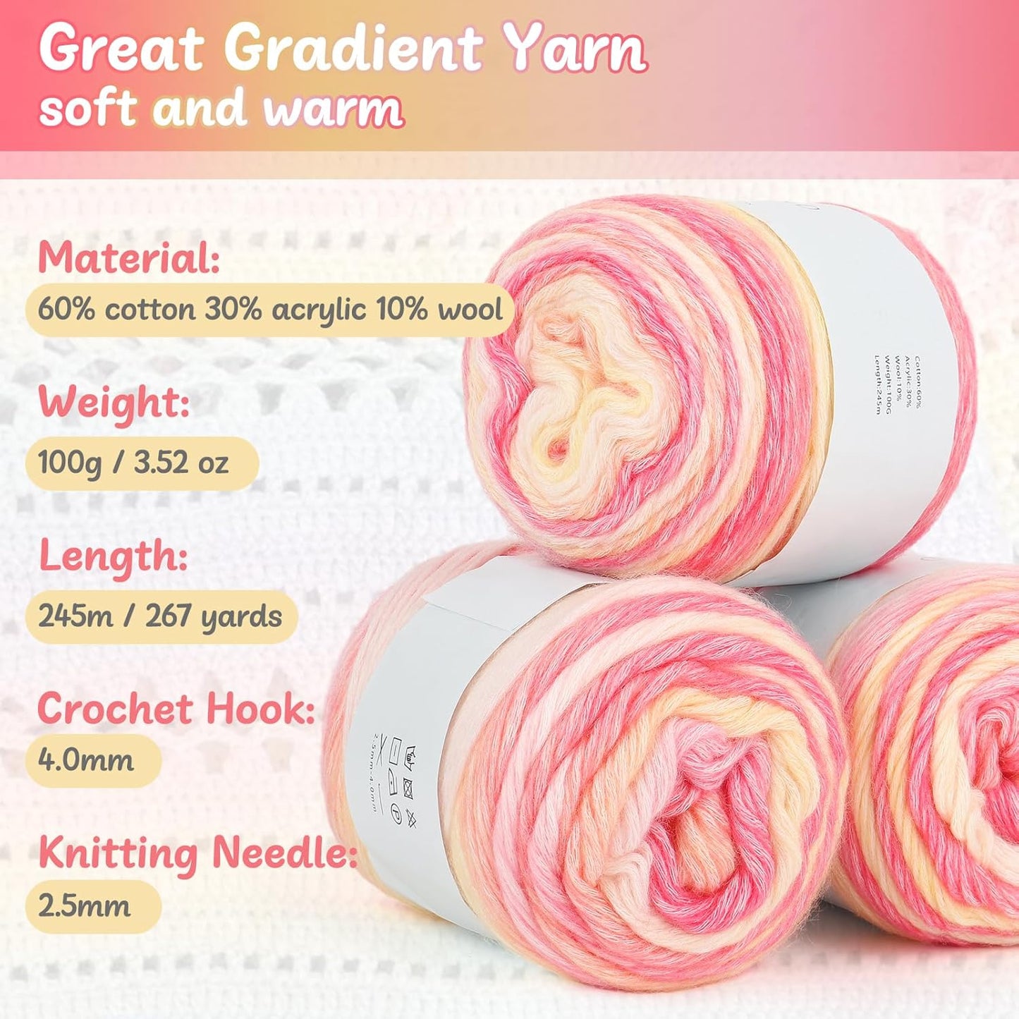 Aeelike Gradient Yarn, 6 Skeins Ombré Fairyland Yarn for Crocheting 100g (3.52 oz) 245m (267 Yards) # 3 Light Weight, Vibrant Cake Yarns for Making Colorful Blanket Scarves Hat, Pink Yellow Gradient