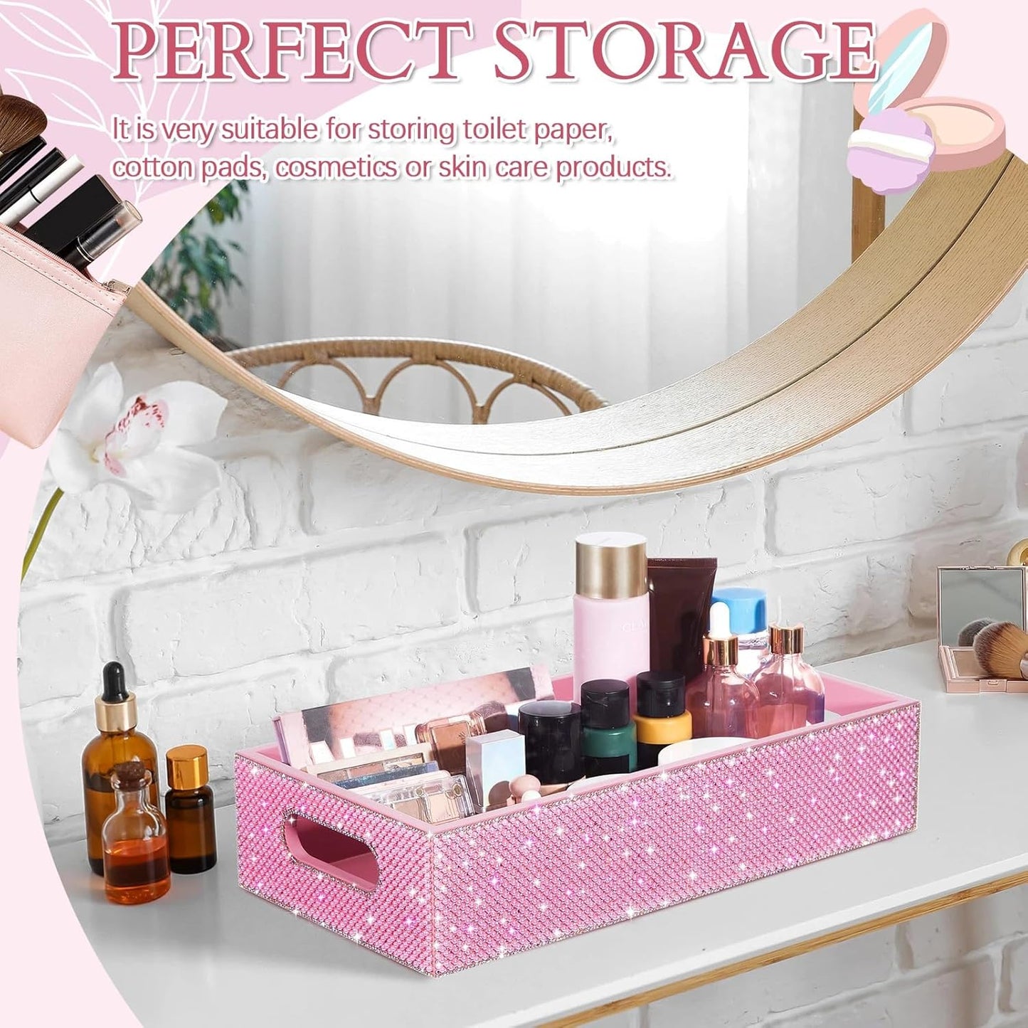 Honeydak Bling Rhinestone Pink Pearl Bathroom Basket with Handle, 13" x 6" x 3" Toilet Tank Tray, Crushed Diamond Bathroom Decor, Back of Toilet Storage Organizer, Sparkly Gifts for Women