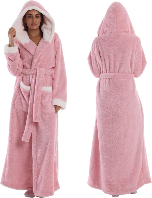 Women's Plush Flannel Robe - Hooded, Long Soft Bathrobe with Pockets, Super Warm, Loungewear for Women