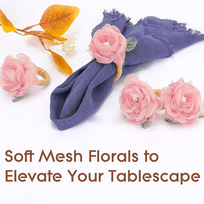 Handcrafted Flower Napkin Rings Set of 6 – Romantic Pink Tulle Rose Napkin Holders for Wedding Table Decor, Tea Parties, Brunches, Holiday Dining Decorations
