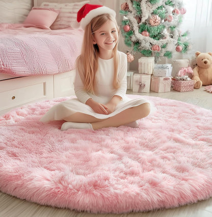 PAGISOFE Pink Round Rug 4Ft for Girls Room Kids Bedroom, Fluffy Shaggy Soft Fuzzy Circle Area Rugs for Girls Bedroom Kids Home Decor Aesthetic, Plush Furry Throw Cute Baby Girl Nursery Room Rug
