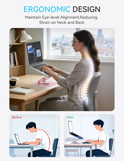 SOUNDANCE 360 Rotating Laptop Stand, Ergonomic Computer Riser for Desk, Adjustable Height Multi-Angle Metal Holder, Foldable Portable Notebook Elevating Base for Office & Home, Pink