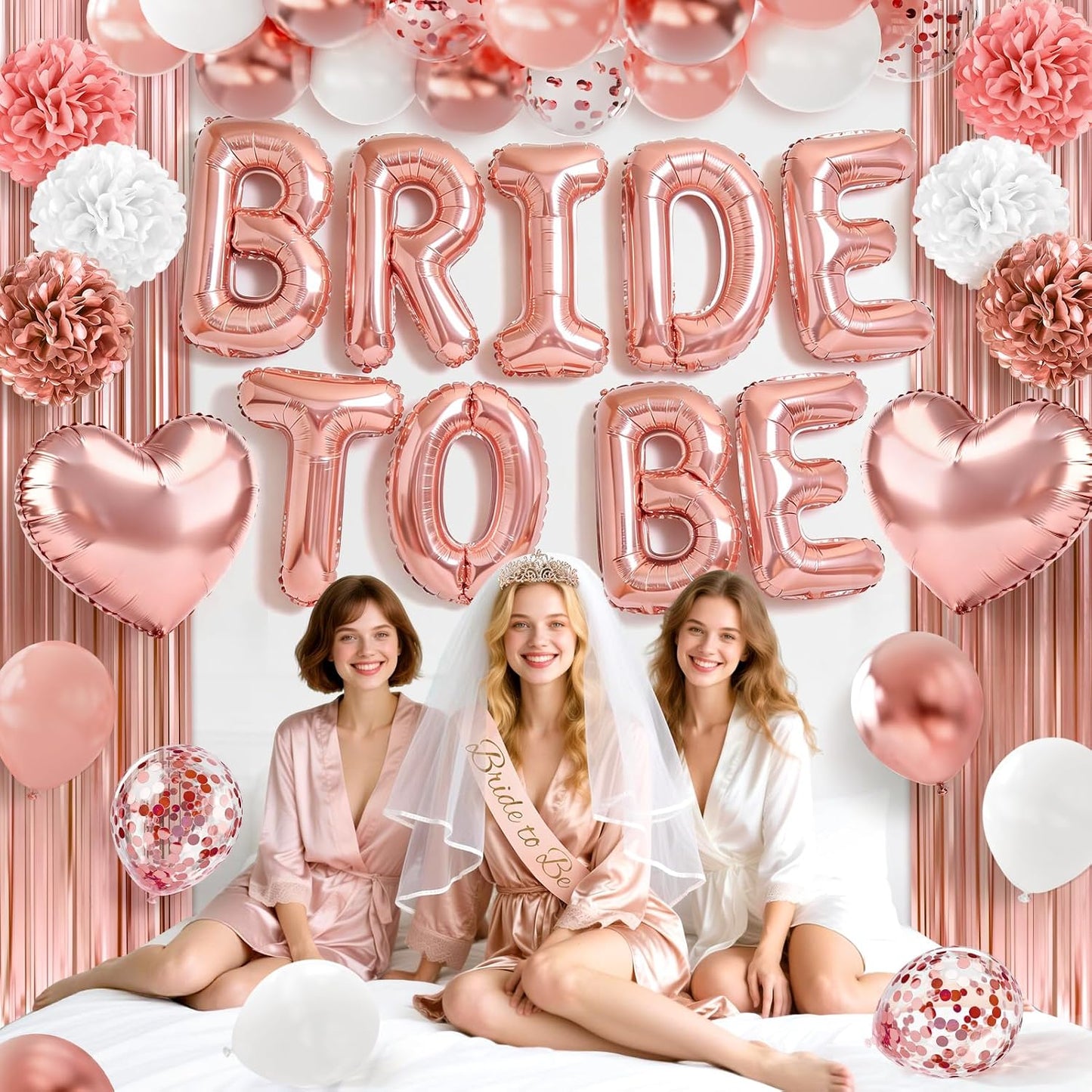 Bachelorette Party Decorations, 44Pcs Rose Gold Bridal Shower Decorations Include Bride to be Balloons Sash Veil Crown and Heart Balloon Fringe Curtain for Bachelorette Engagement Wedding Decoration