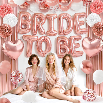 Bachelorette Party Decorations, 44Pcs Rose Gold Bridal Shower Decorations Include Bride to be Balloons Sash Veil Crown and Heart Balloon Fringe Curtain for Bachelorette Engagement Wedding Decoration