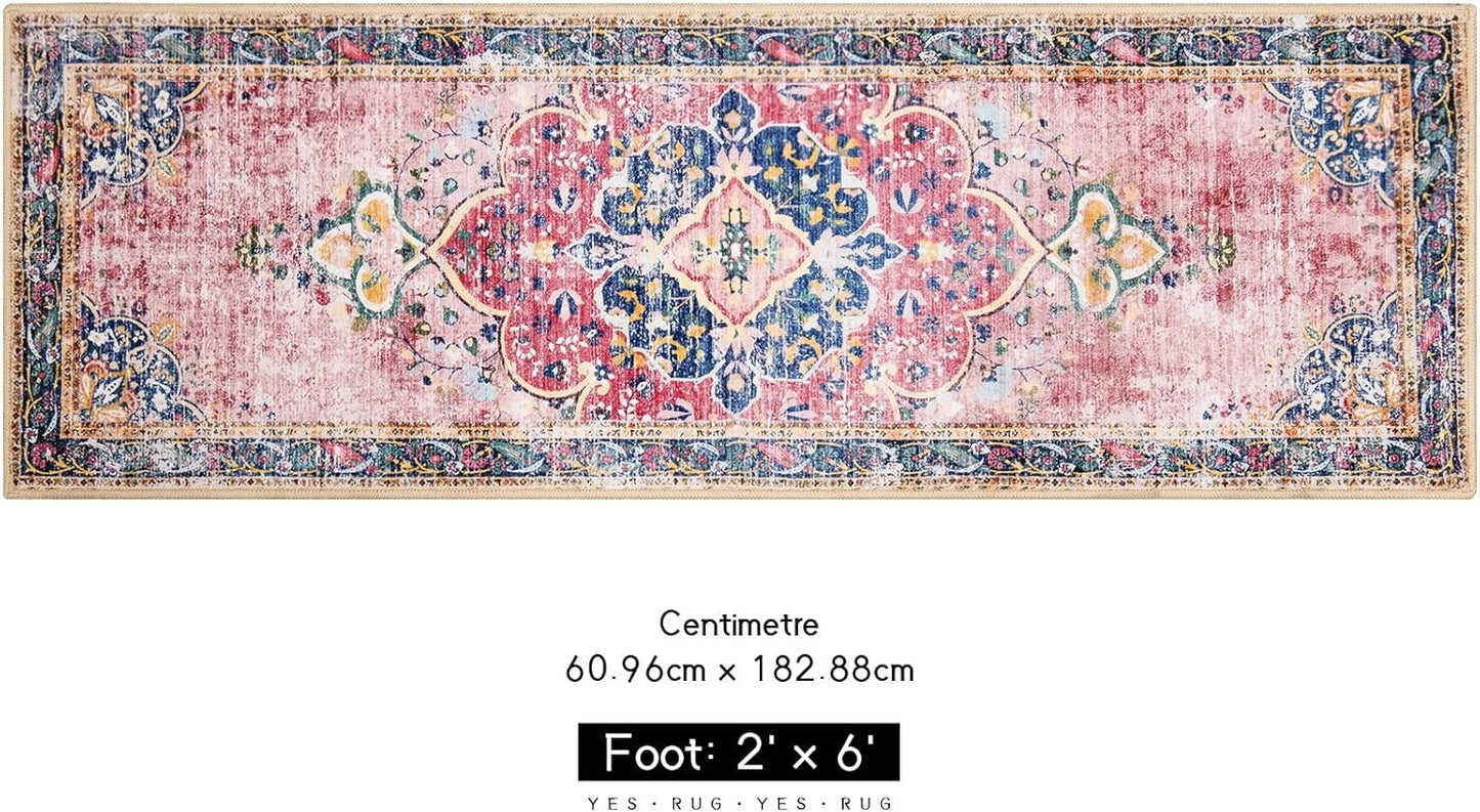 Washable Runner Rug 2x6 Pink Boho Area Rug for Hallway Entryway Kitchen Laundry Room Bathroom Bedroom Non Slip Blush Vintage Rug Indoor Carpet