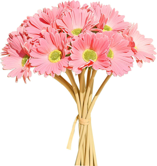 Mandy's PU Pink Gerbera Daisy Artificial Flowers 12 Stems for Thanksgiving and Christmas Decorations Flexible Centerpiece Wedding Bouquet Home Décor