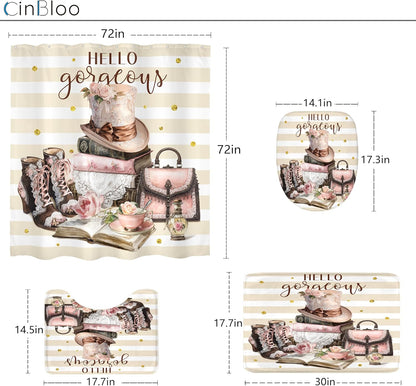4Pcs Pink Brown Shower Curtain Set, Vintage Fashion Lace Flower Beige White Striped Books Boots Cups Bathroom Curtain with Rug, Toilet Lid Cover, Bath Mat, Women Shower Curtain with 12 Hooks