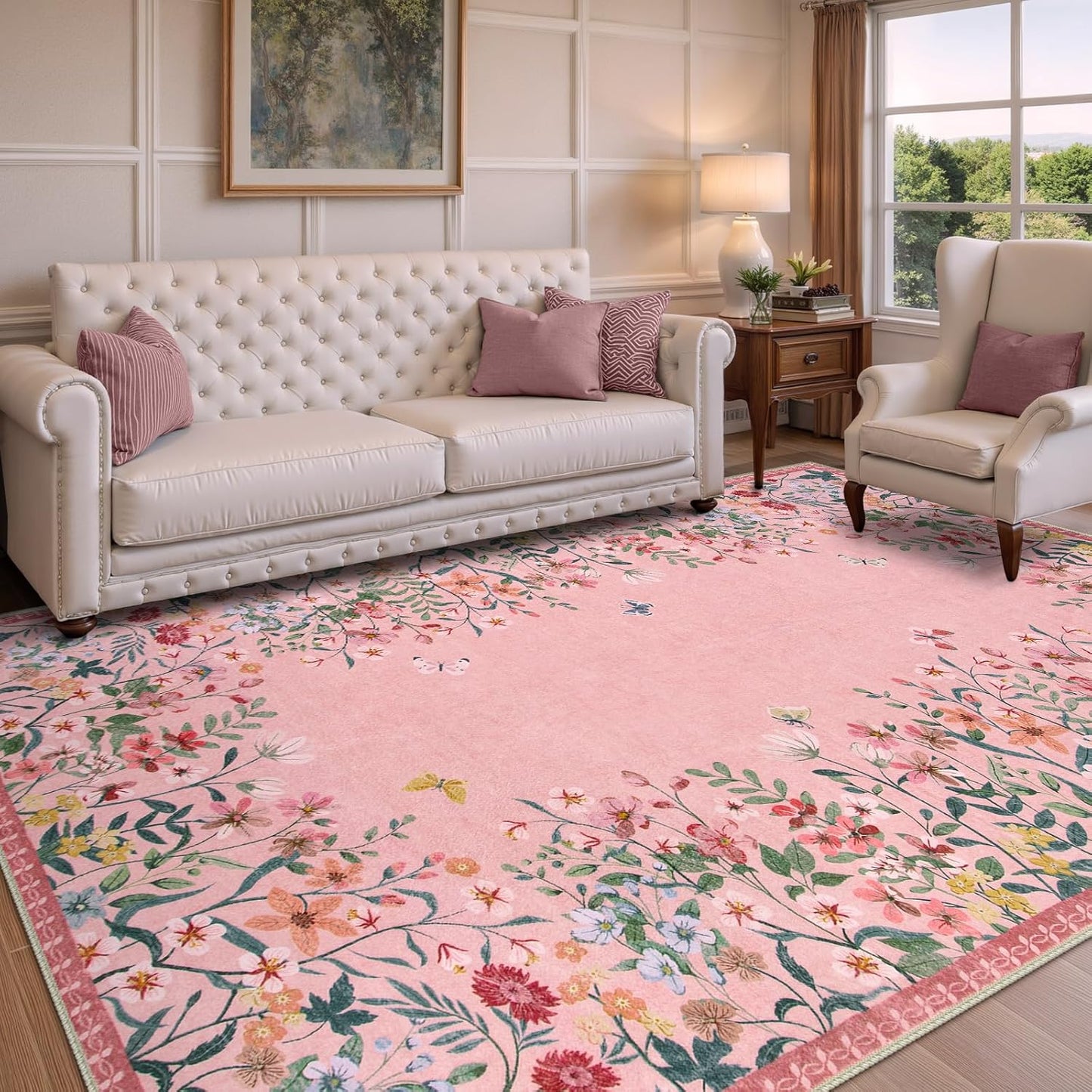 Wonnitar Washable Rug 6x9, Pink Botanical Area Rug for Girls Bedroom, Non-Slip Soft Nursery Kids Room Floral Rug Thin Throw Carpet for Dorm Living Room Decor (Pink,6'x9')