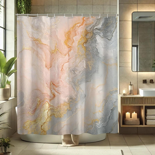 Abstract Marble Shower Curtain, Peach and Gray Bathroom Decor for Modern Aesthetic, Elegant Waterproof Fabric Shower Curtain Set with Hooks 62x72 Inch