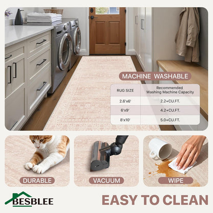 BESBLEE 5x7 Area Rugs for Living Room, Machine Washable Rug, Non Slip Vintage Rugs, Low Pile Lightweight Print Rug for Bedroom, Dining Room, Home Office, Pink