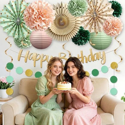 Sage Green and Peach Party Decorations, Boho Birthday Decorations for Women Girls, Baby Shower Decorations with Olive Peach Paper pom pom, Lanterns, Fans for Bridal Shower Wedding Engagement