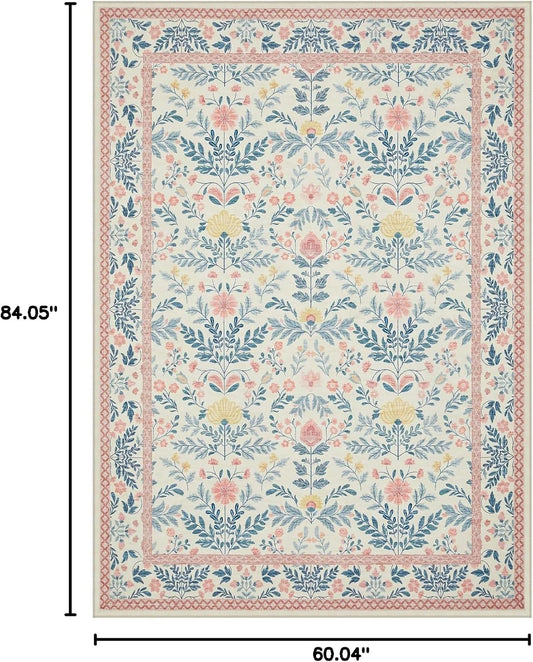 Joydeco Machine Washable Light Pink 5x7 Area Rugs for Bedroom Girls Playroom, Boho Floral Kids Room Nursery Rug Non Slip, Soft Indoor Floor Carpet for Dorm Living Room Classroom