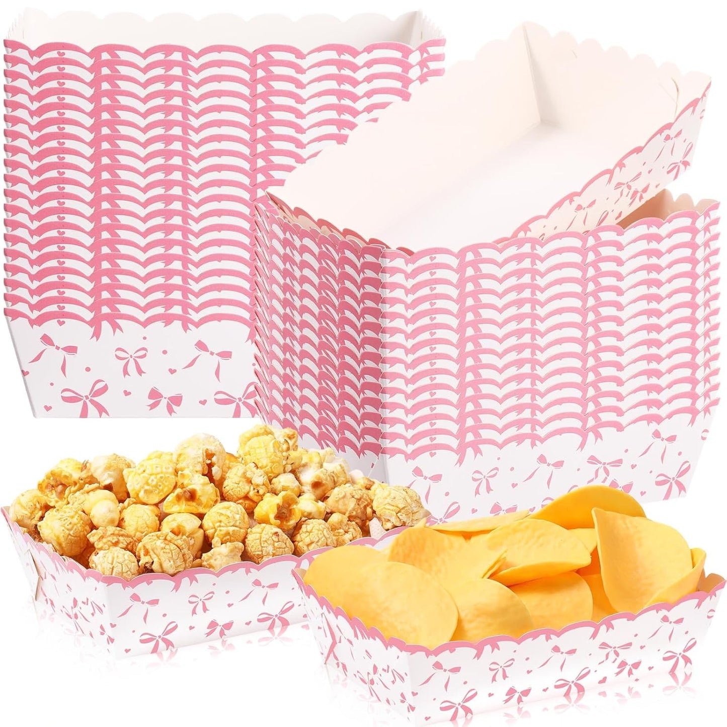 Dunzoom 60 Pcs Pink Bow Paper Food Trays Bow Plates Coquette Birthday Decorations Kraft Food Boat Nacho Trays for Wedding Bridal Baby Shower Party Decoration Supplies (Classic)