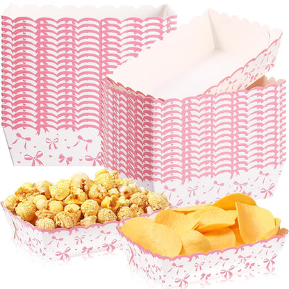 Dunzoom 60 Pcs Pink Bow Paper Food Trays Bow Plates Coquette Birthday Decorations Kraft Food Boat Nacho Trays for Wedding Bridal Baby Shower Party Decoration Supplies (Classic)
