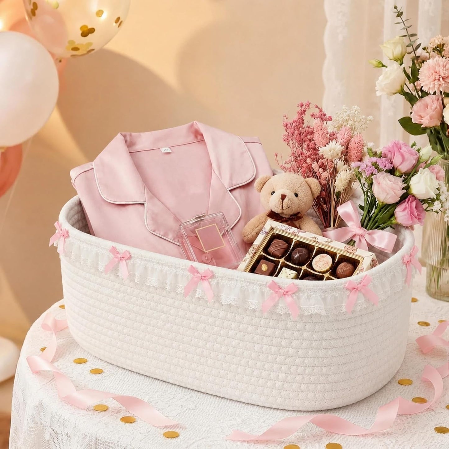 Cute Basket for Gifts Empty, 12"x 8"x 5" Coquette Woven Rope Gift Baskets White Lace Rectangle Shelf Organizer Storage Bins for Nursery, Baby Shower, Toy Organizing