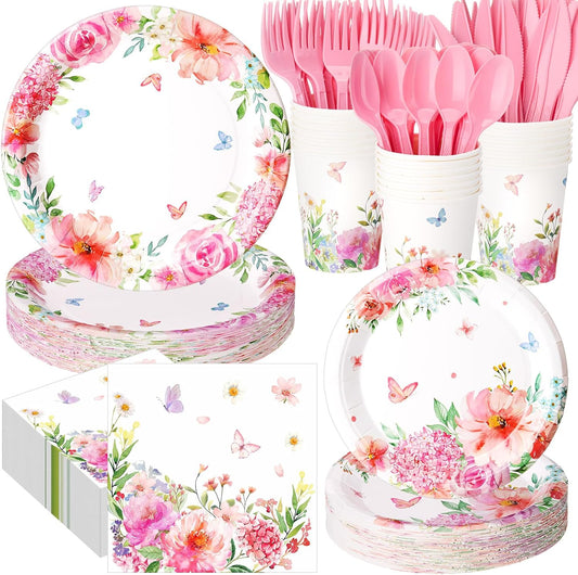 400 Pcs Floral Disposable Paper Plates Napkins and Cups Serves 50 Spring Watercolor Pink Floral Tableware Set for Wedding Tea Party Decoration Bridal Shower Baby Shower Mother's Day