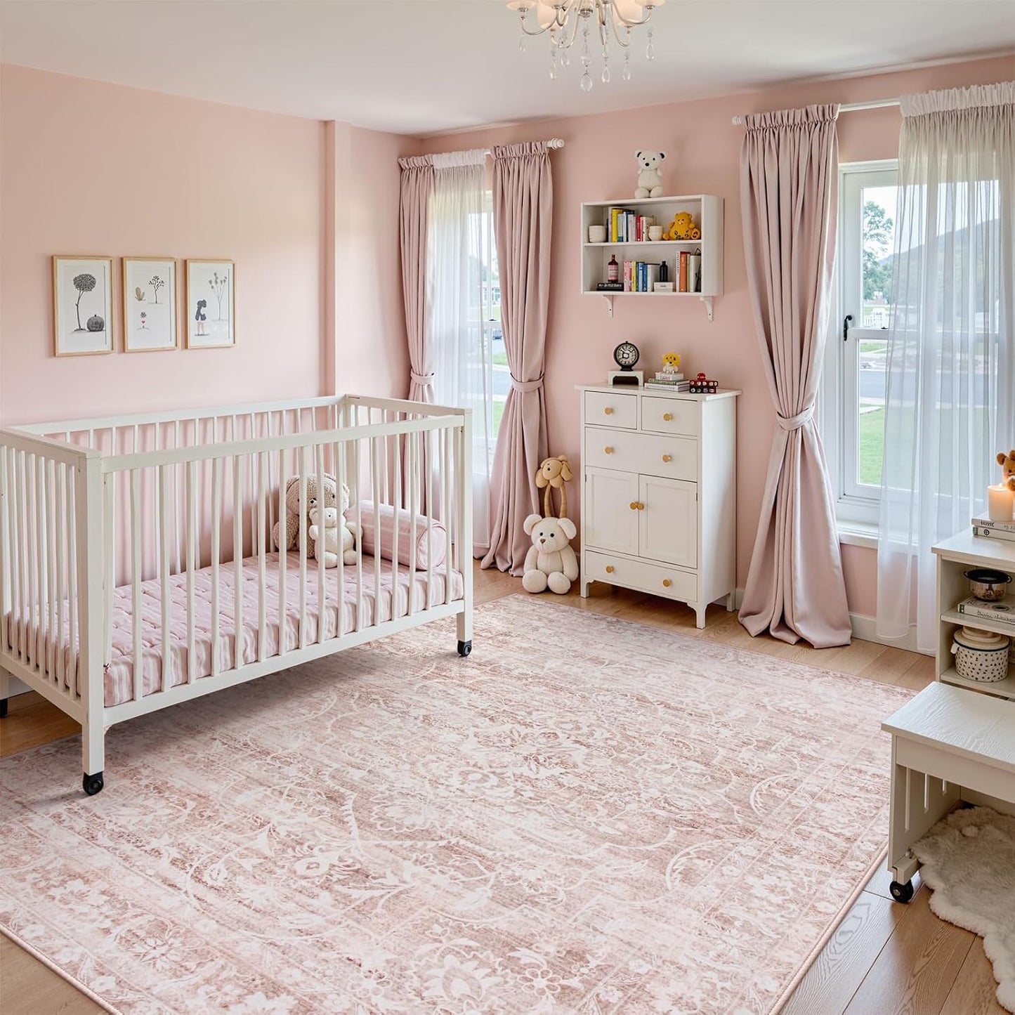 Lahome Pink Rugs for Bedroom Girls,Cute Nursery Rug Boho Area Rugs 5x7,Floral Living Room Rug Carpet Ultra-Thin Soft Washable, Kids Rugs for Playroom Baby Room Decor Dorm Aube (Light Pink, 5'X7')