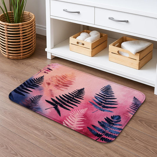 Floral Fern Quick Dry Bath Mat, Elegant Peach Watercolor Leaves Absorbent Non Slip Shower Mat, Summer Memory Foam Washable Bath Rugs for Bathroom Decor 20x32 Inch