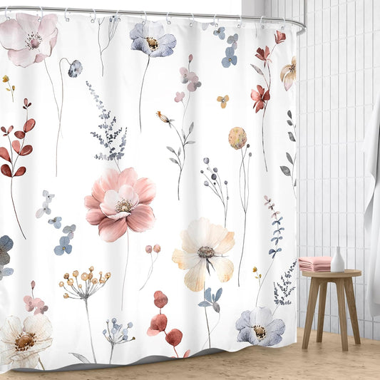 Omifly Watercolor Floral Shower Curtain 72Wx72H Inch Spring Coral Pink Flower Shower Curtains for Bathroom Modern Minimalist Wildflower Waterproof Fabric Shower Curtain Set with 12 Plastic Hooks
