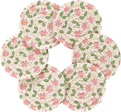 Pink Green Leaf Flowers Pattern Coasters Set of 6 with Holder Absorbent Round Coasters for Wooden Table Tabletop Protection Party Christmas Decor House Warming