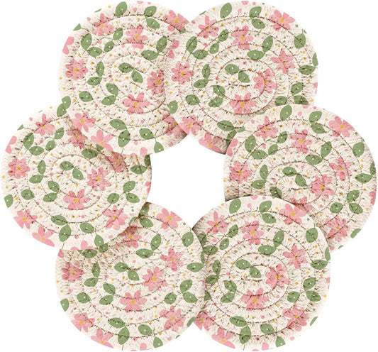Pink Green Leaf Flowers Pattern Coasters Set of 6 with Holder Absorbent Round Coasters for Wooden Table Tabletop Protection Party Christmas Decor House Warming