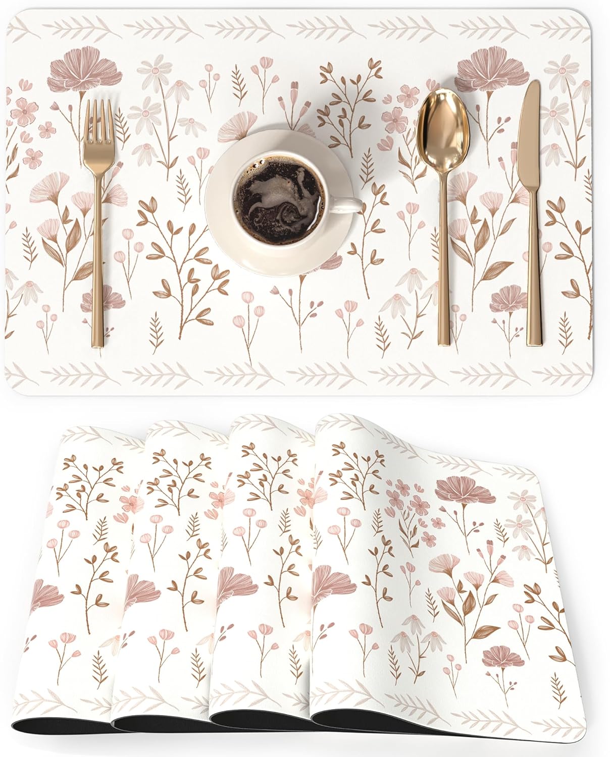 QIYI Placemats Set of 6, 12x18 Inch Faux Leather Place Mats for Kitchen Dinning, Heat Resistant Anti Slip Floral Table Mats, Waterproof Wipeable Washable Placemat Party Beige Table Décor, Pink Flowers