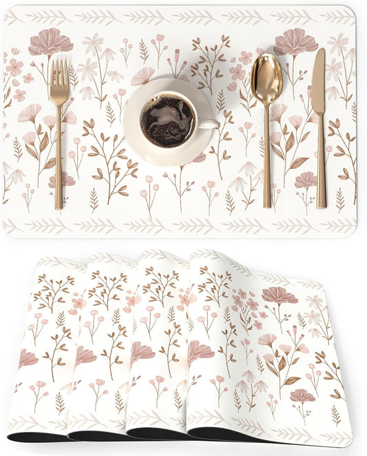 QIYI Placemats Set of 6, 12x18 Inch Faux Leather Place Mats for Kitchen Dinning, Heat Resistant Anti Slip Floral Table Mats, Waterproof Wipeable Washable Placemat Party Beige Table Décor, Pink Flowers
