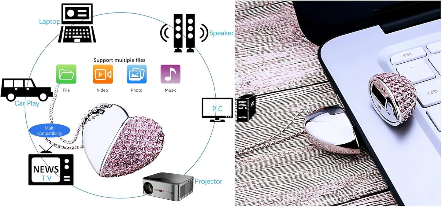 64GB USB 3.0 Flash Drive Diamond Heart with Necklace Memory Stick High Speed Data Storage Pink