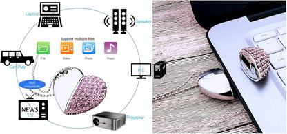 64GB USB 3.0 Flash Drive Diamond Heart with Necklace Memory Stick High Speed Data Storage Pink