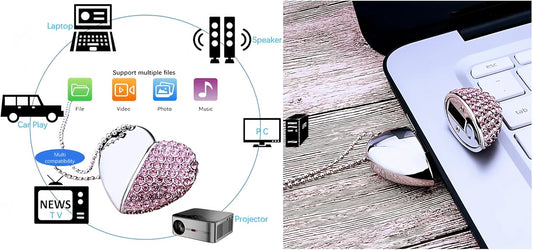 64GB USB 3.0 Flash Drive Diamond Heart with Necklace Memory Stick High Speed Data Storage Pink