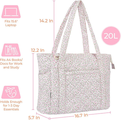 WOBAGMEN Quilted Tote Bag for Women, Floral Quilted Tote Bag with Zipper, Cute Shoulder Bag for Work, Travel, Gym