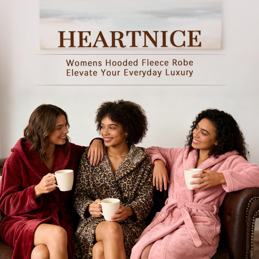 HEARTNICE Womens Hooded Fleece Robe, Soft Bathrobe for Womens, Cute Long House Coat