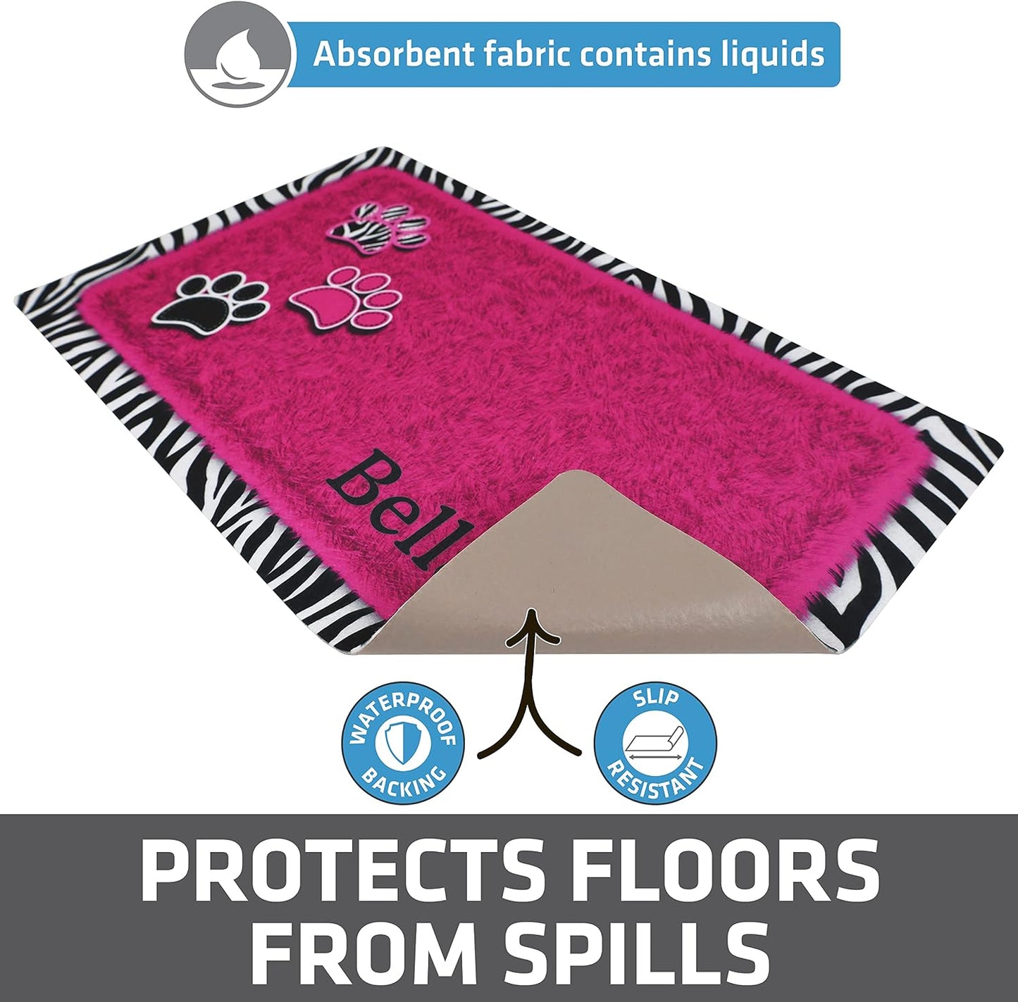 Drymate Personalized Pet Bowl Placemat, Custom Dog & Cat Food Feeding Mat - Absorbent Fabric, Waterproof Backing - Machine Washable/Durable (USA Made) (12" x 20") (Zebra Pink)