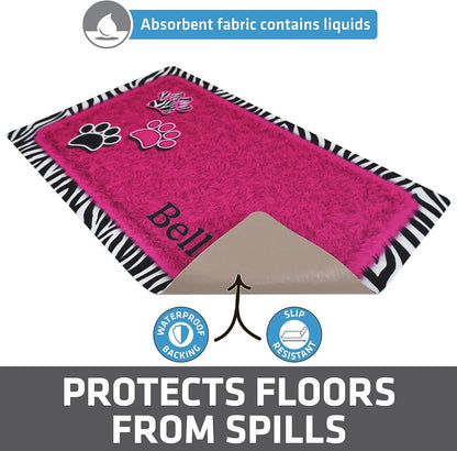 Drymate Personalized Pet Bowl Placemat, Custom Dog & Cat Food Feeding Mat - Absorbent Fabric, Waterproof Backing - Machine Washable/Durable (USA Made) (12" x 20") (Zebra Pink)