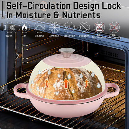 Enameled Cast Iron Bread Oven, Dutch Oven Pot with Lid & Cotton Potholder, 10" Bread Dutch Oven for Bread Baking, 6 Quarts Bread Pan with Dome Lid, Non-stick Cookware for Homemade Bread, Pink