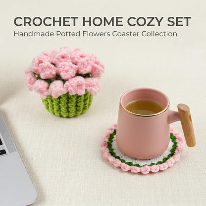Handmade Crochet Lily Coaster Pink Foldable Flower Design with Pot Transforms from Drink Protection to Decorative Display for Kitchen Table Home Office Gift