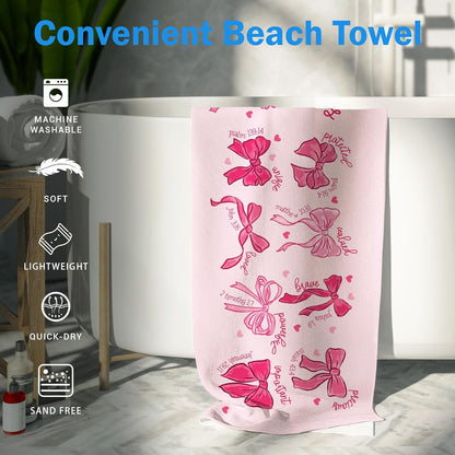 Christian Preppy Beach Towel, Coquette Pink Bow Beach Towels Oversized Gifts for Women Girls, God Say I Am Bible Verse Quick Dry Travel Sand Free Towel Decor for Bathroom Swimming Pool 30x60in