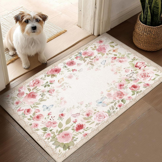 2x3 Machine Washable Area Rug for Entryway, Small Vintage Pink Floral Rug for Front Door, Non-Slip Low Pile Indoor Door Mat for Entryway, Bedroom, Dining Room & Kitchen(2x3 Pink Floral)