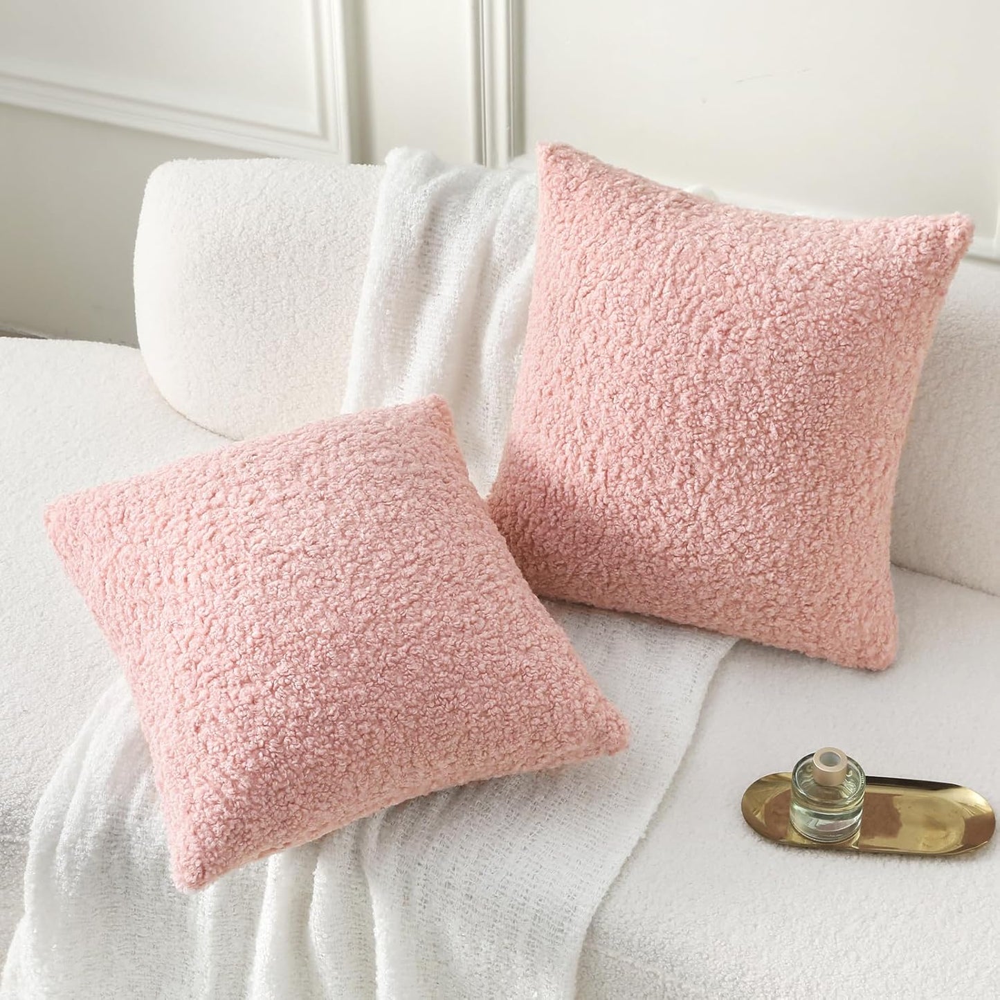 FUTEI Pink Throw Pillow Covers 18x18 Inch Set of 2,Furry Faux Fur Teddy Boucle Textured Cushion Covers,Soft Fluffy Decorative Pillow Case,Home Decor for Couch Bed Living Room Office