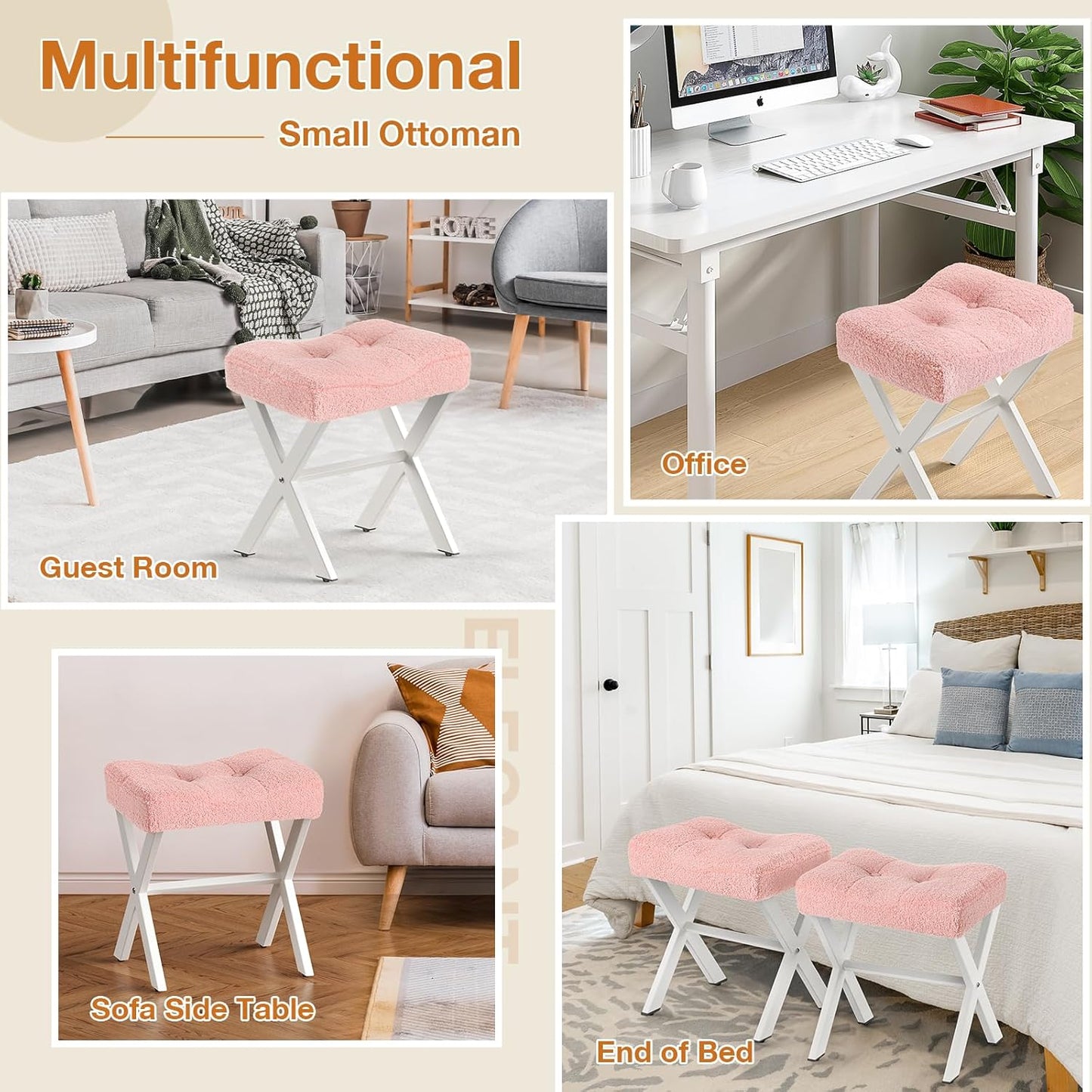 Memobarco 18-Inch Vanity Stool Chair, Vanity Bench with Metal X-Legs, Ottoman Accent Stool with Breathable and Soft Boucle Fabric Saddle Seat, Pink
