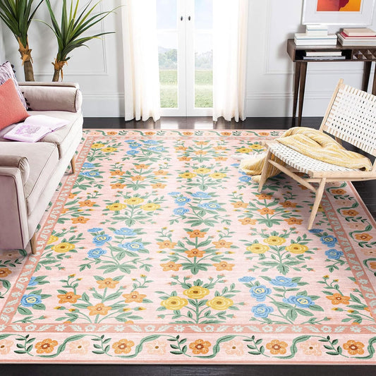 Vintage Boho Floral Area Rug - 6x9 Washable Living Room Rug Pink Colorful Stain Resistant Dining Room Rugs for Under Table Non Slip Soft Floor Carpet for Living Room Bedroom Nursery Office