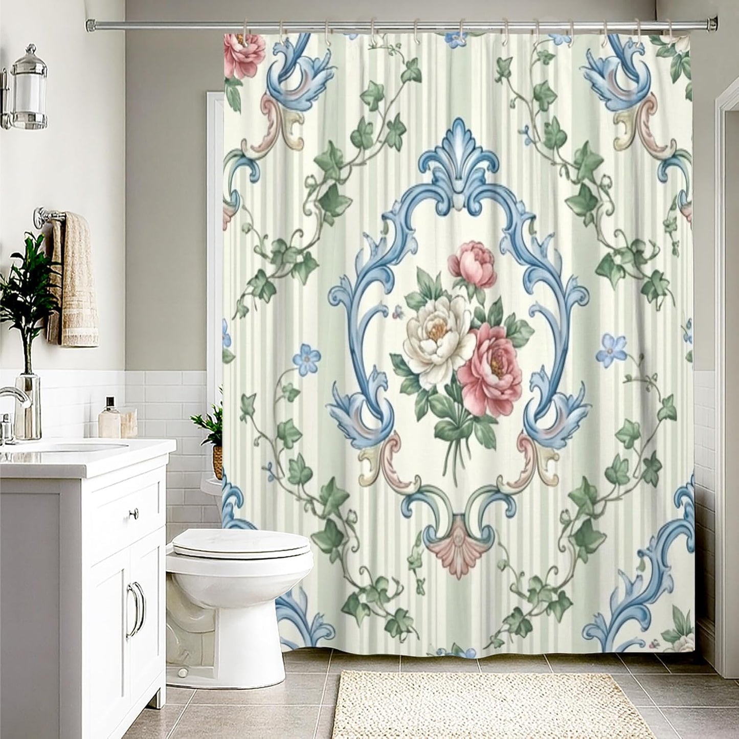 Rose Shower Curtain, Classic Elegant Ivy Vine Spring Pastel Peach Waterproof Fabric Toile Cloth Shower Curtains for Bathroom Bathtub Apartment Decor 54x78 Inch
