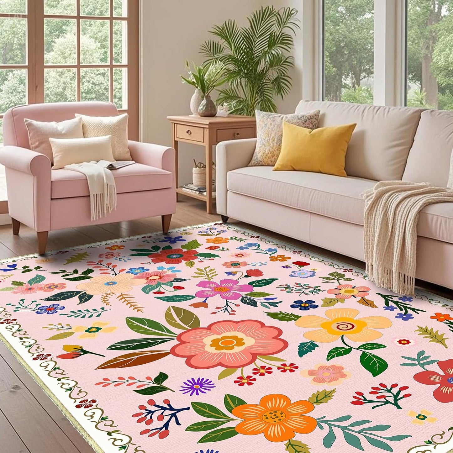 3x5 Feet Floral Area Rug Non-Slip Low Pile Soft Washable Pink Rug for Girls' Rooms, Nursery, Kids Room, Entryway – Lightweight Easy Clean Modern Decorative Carpet