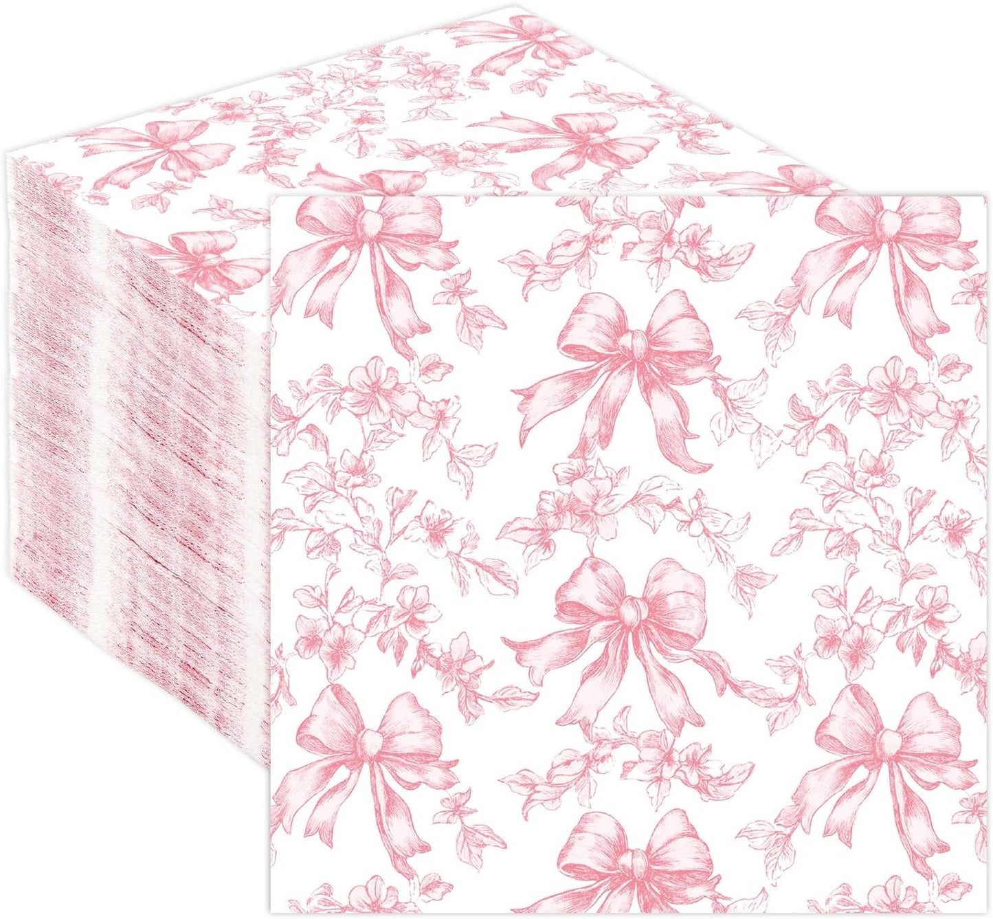 Quera Pink Bow Napkins Cocktail Floral Coquette Party Favor for Baby Shower | 50 Pcs Paper Toile Napkin for girl Bridal Birthday White Bows