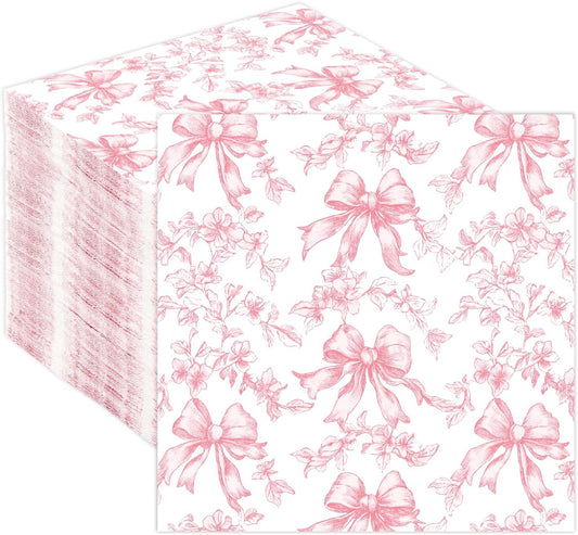 Quera Pink Bow Napkins Cocktail Floral Coquette Party Favor for Baby Shower | 50 Pcs Paper Toile Napkin for girl Bridal Birthday White Bows