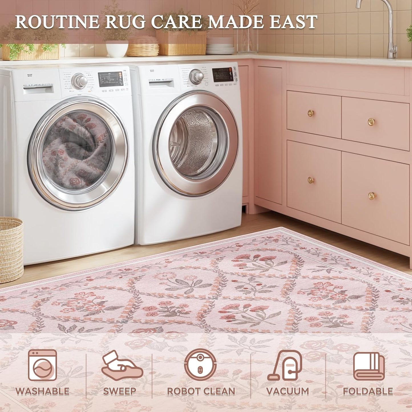 Pink Runner Rug for Bathroom 2x6, Washable Runner Rug Non Slip, Aesthetic Boho Floral Kitchen Area Carpet for Bedroom Hallway Laundry Entryway