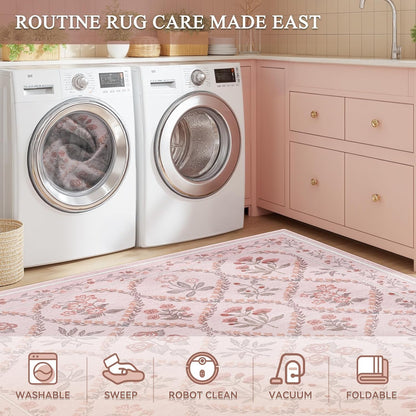 Pink Runner Rug for Bathroom 2x6, Washable Runner Rug Non Slip, Aesthetic Boho Floral Kitchen Area Carpet for Bedroom Hallway Laundry Entryway