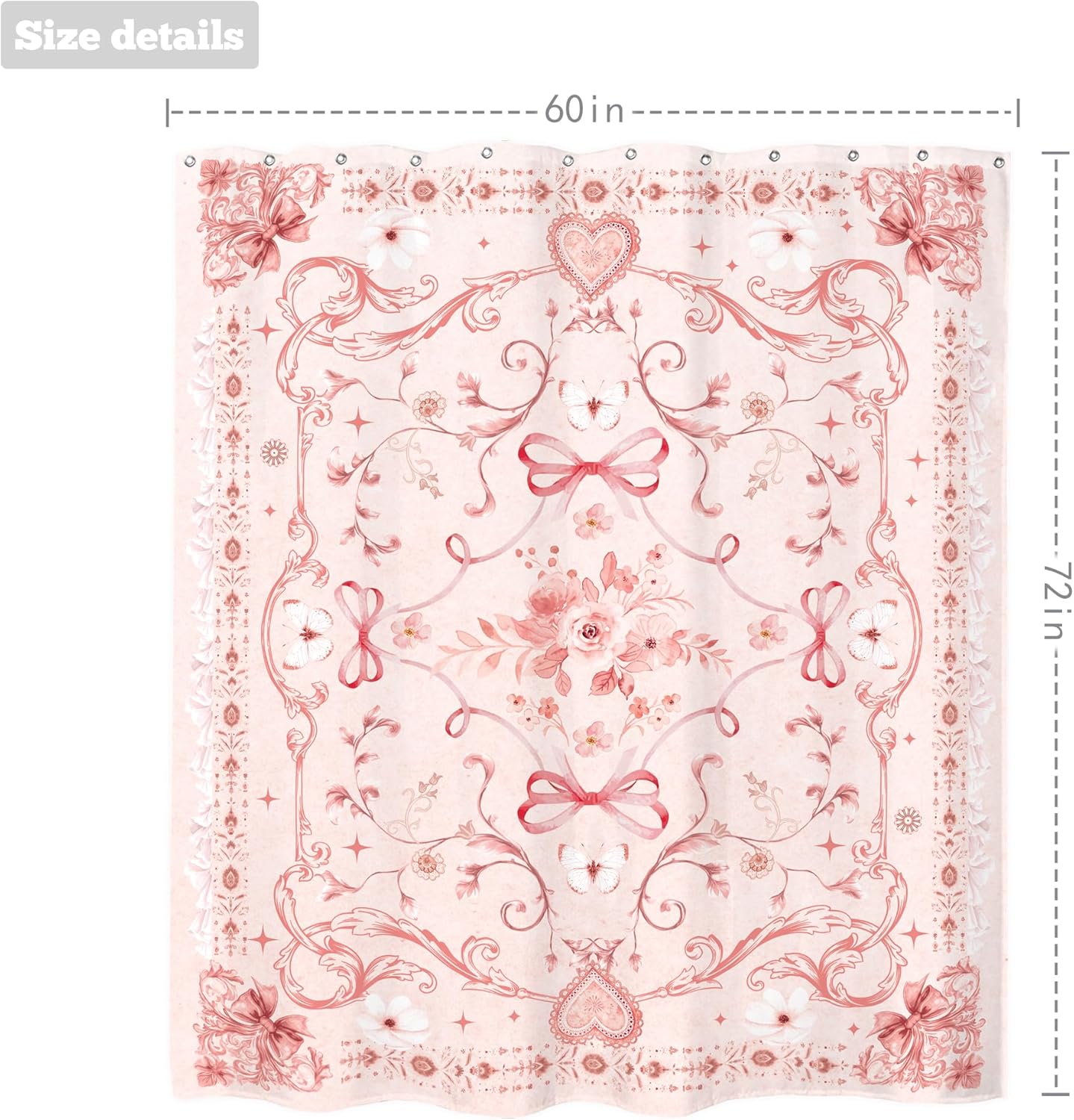 Pink Girly Shower Curtain 60Wx72H Inches Cute Boho Bow Teen Girl Floral Sweet Princess Elegant Preppy Aesthetic Fabric Waterproof Polyester Bathroom Home Decor Set with Hooks
