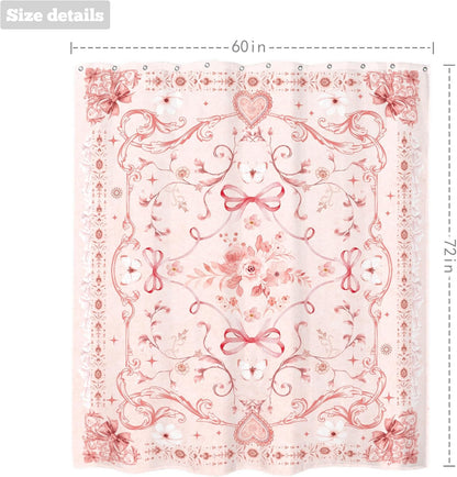 Pink Girly Shower Curtain 60Wx72H Inches Cute Boho Bow Teen Girl Floral Sweet Princess Elegant Preppy Aesthetic Fabric Waterproof Polyester Bathroom Home Decor Set with Hooks